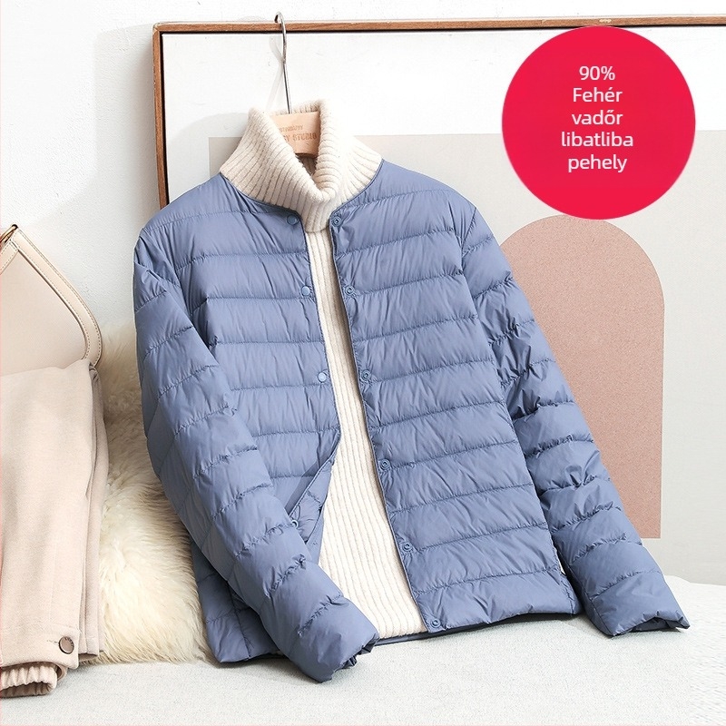 Női könnyű pehelydzseki: 86-90% pehely, külső nylon, kerek gallér, hosszú ujjú, ősz 2025