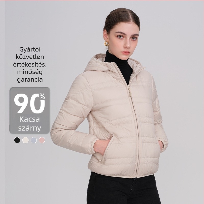 Női kapucnis pehelykabát, könnyű, normál hosszúságú, 86–90% pehelytöltet