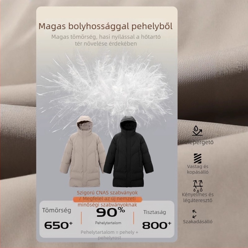 Férfi fehér kacsa pehelydzseki, magas töltet, puhán bolyhos, középmagas hossz, szabad szabású, kapucnival, cipzárral, téli viselet