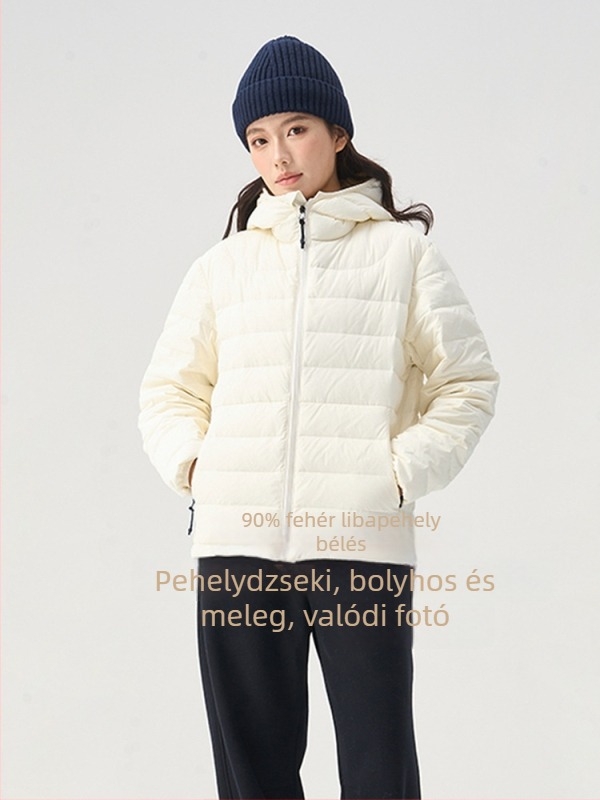 Női fehér lúd tollal töltött kapucnis kabát, őszi-téli szezon, elegáns bordázott töltet