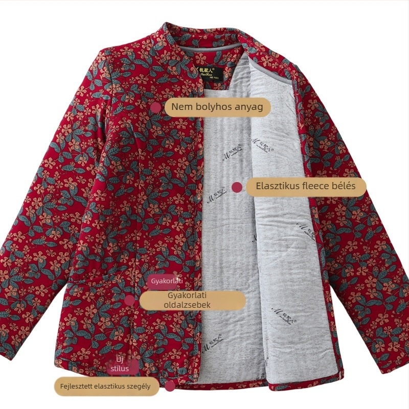 Kamélszőr kabát pamut-töltéssel és fleece béléssel, középhosszú, color-block mintázat, elegáns retro stílus