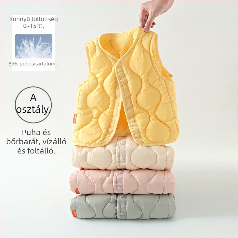 Gyerekeknek szóló pehelyes mellény, 90% kacsapuhával, koreai stílus, ujjak nélküli, rövid egyenes szabás, nylon bélés, 3–8 évesek