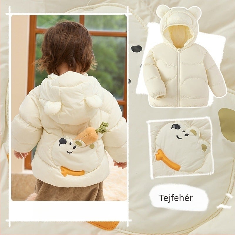 Gyerekeknek készült pehelydzseki kapucnival, rövid fazon, fehér kacsapuhával, karikatúra mintával, téli viselet