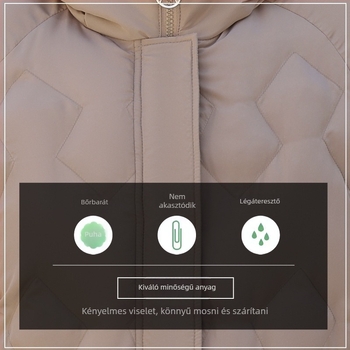 Téli pamut töltésű kabát fleece belsővel, kapucnival és cipzárral, középhosszú (50–65 cm), poliészter külső anyag (>95%)