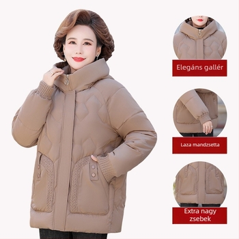 Téli pamut töltésű kabát fleece belsővel, kapucnival és cipzárral, középhosszú (50–65 cm), poliészter külső anyag (>95%)