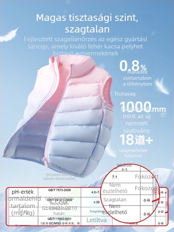 Lányoknak készült tollas mellény, ujj nélküli, őszi-téli időszakokra, 81–85% fehér kacsa toll, külső anyag 100% poliészter, bélés 100% poliészter, középmagas hossz, cipzáras zárás