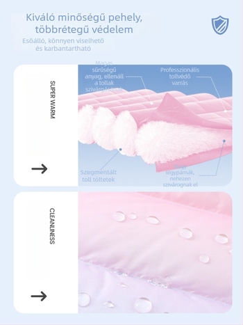 Lányoknak készült tollas mellény, ujj nélküli, őszi-téli időszakokra, 81–85% fehér kacsa toll, külső anyag 100% poliészter, bélés 100% poliészter, középmagas hossz, cipzáras zárás