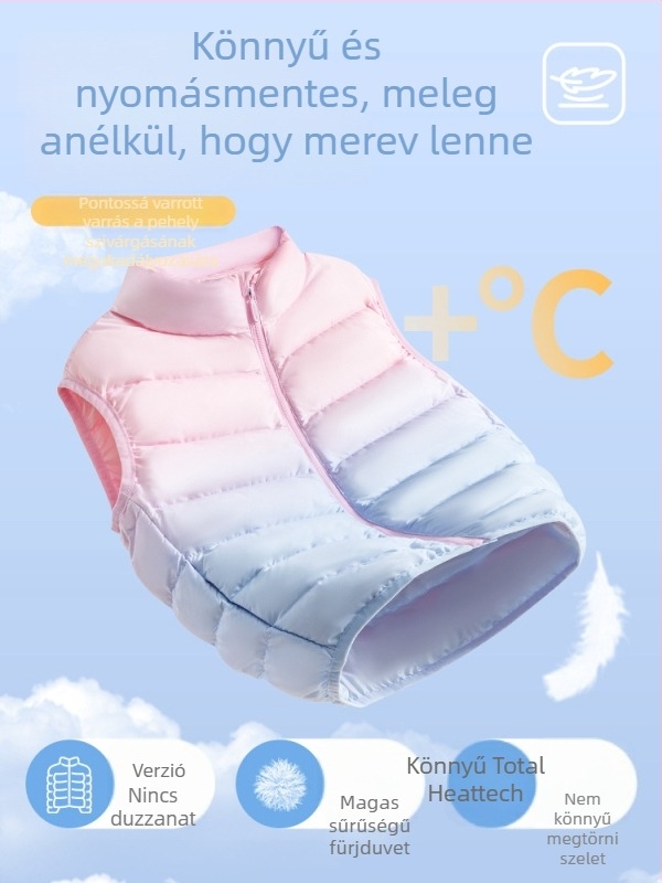 Lányoknak készült tollas mellény, ujj nélküli, őszi-téli időszakokra, 81–85% fehér kacsa toll, külső anyag 100% poliészter, bélés 100% poliészter, középmagas hossz, cipzáras zárás