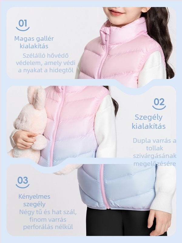 Lányoknak készült tollas mellény, ujj nélküli, őszi-téli időszakokra, 81–85% fehér kacsa toll, külső anyag 100% poliészter, bélés 100% poliészter, középmagas hossz, cipzáras zárás