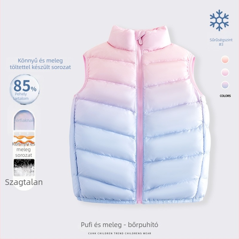 Lányoknak készült tollas mellény, ujj nélküli, őszi-téli időszakokra, 81–85% fehér kacsa toll, külső anyag 100% poliészter, bélés 100% poliészter, középmagas hossz, cipzáras zárás