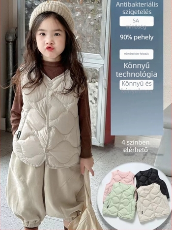 Gyerekeknek szánt pehelyes mellény, ujj nélküli, rövid fazonú, testhez álló; töltet: fehér kacsa pehely 41 g; külső és bélés: poliészter; UV védelem; alkalmas télre, tavaszra és őszre