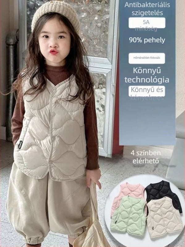 Gyerekeknek szánt pehelyes mellény, ujj nélküli, rövid fazonú, testhez álló; töltet: fehér kacsa pehely 41 g; külső és bélés: poliészter; UV védelem; alkalmas télre, tavaszra és őszre