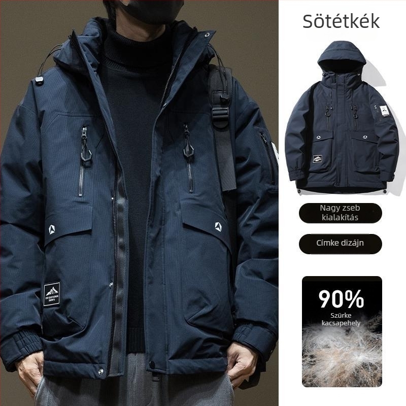Férfi téli dzseki 90% szürke kacsa tollal, lazább szabás, Plusz méret, nagy zsebek, kültéri tevékenységekhez
