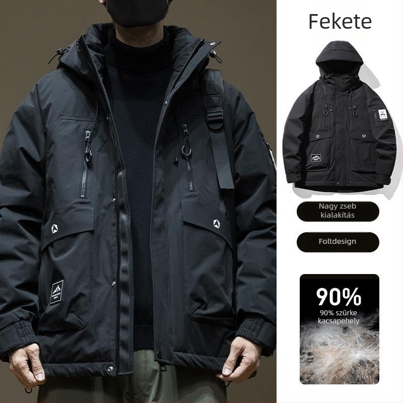 Férfi téli dzseki 90% szürke kacsa tollal, lazább szabás, Plusz méret, nagy zsebek, kültéri tevékenységekhez