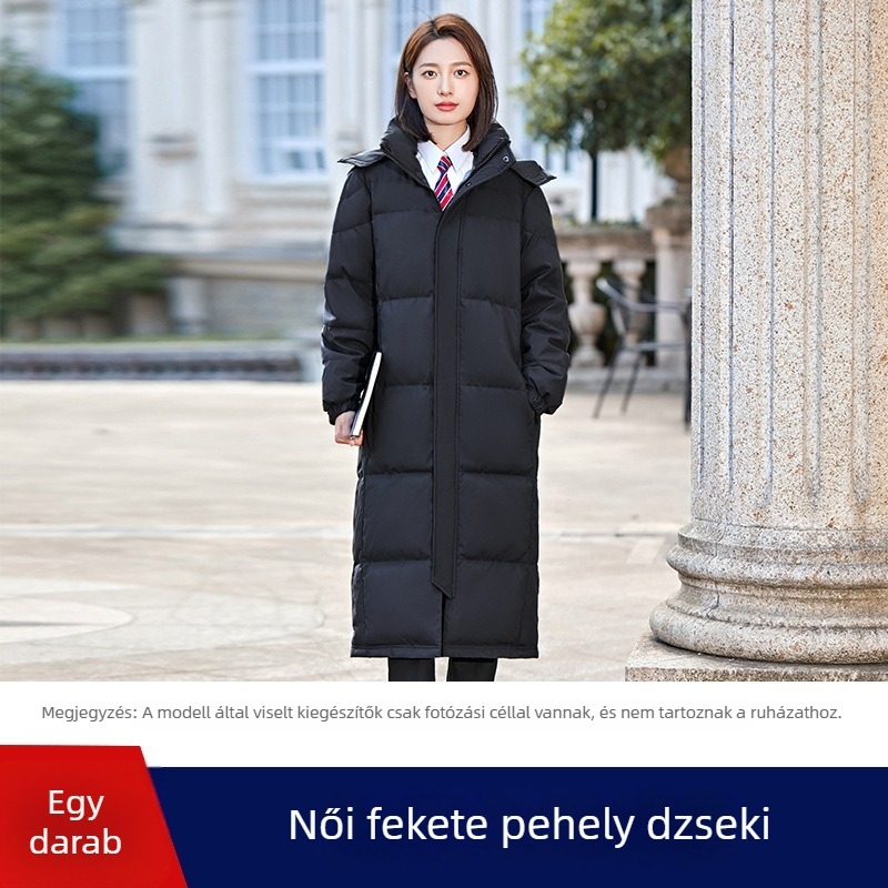 Női pehelykabát álló gallérral, cipzárral, hosszú szabású, 81–85% kacsapehely, 101–200 g töltet