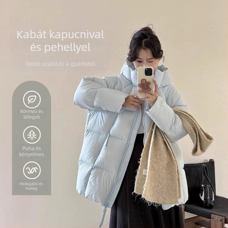 Női kapucnis pehelydzseki középhosszú, töltet 201-300 g pehely, pehelytartalom 91-95%, puha érzet