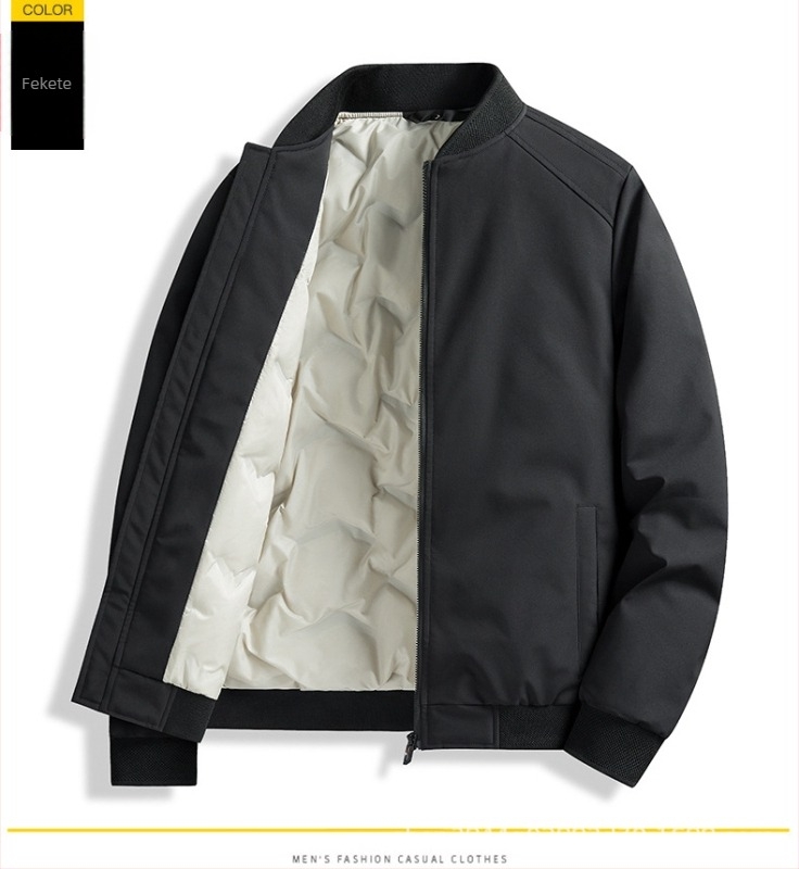 Férfi téli pehelykabát fehér kacsapúppal, tolltartalom 46-50%, töltet 550, hideg elleni védelem (-20°C-tól -5°C-ig), fő anyag és bélés 100% poliészter