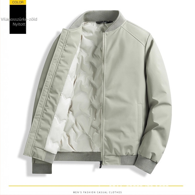 Férfi téli pehelykabát fehér kacsapúppal, tolltartalom 46-50%, töltet 550, hideg elleni védelem (-20°C-tól -5°C-ig), fő anyag és bélés 100% poliészter