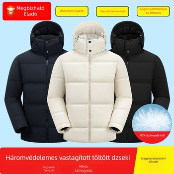 Kapucnis pehelykabát — 86–90% pehelyköltés, külső anyag nylon, bélés poliészter, álló gallér, cipzár