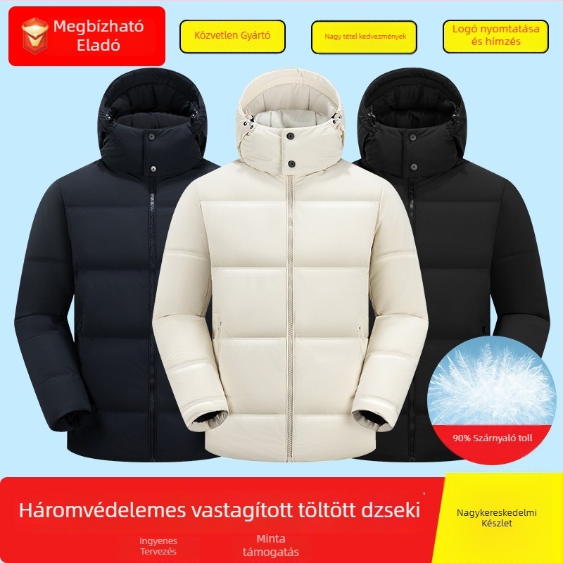 Kapucnis pehelykabát — 86–90% pehelyköltés, külső anyag nylon, bélés poliészter, álló gallér, cipzár