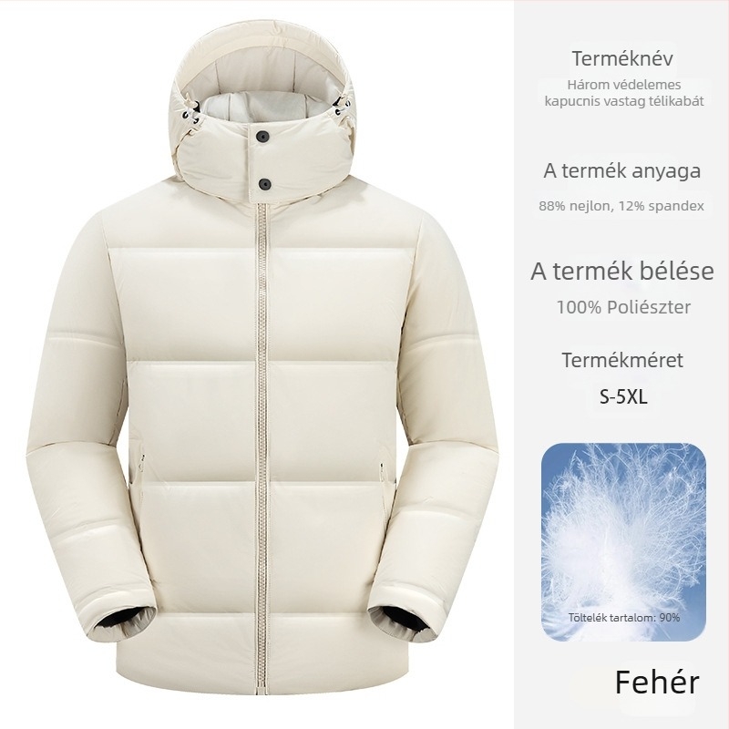 Kapucnis pehelykabát — 86–90% pehelyköltés, külső anyag nylon, bélés poliészter, álló gallér, cipzár