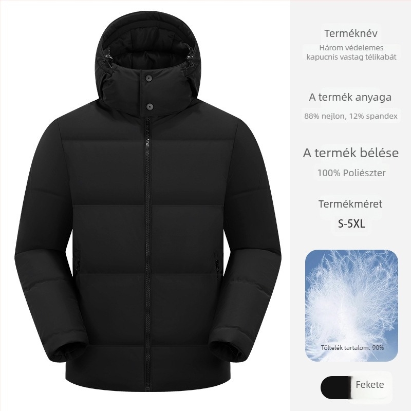 Kapucnis pehelykabát — 86–90% pehelyköltés, külső anyag nylon, bélés poliészter, álló gallér, cipzár