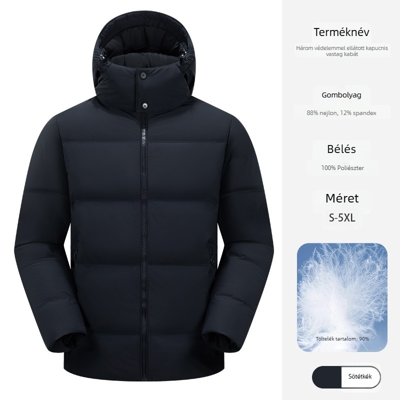 Kapucnis pehelykabát — 86–90% pehelyköltés, külső anyag nylon, bélés poliészter, álló gallér, cipzár