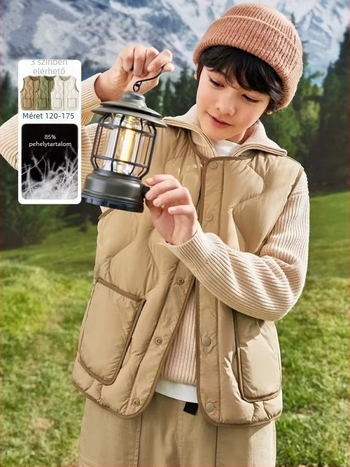 Gyerekeknek szóló pehely mellény, könnyű, ujjatlan, laza szabású, fehér kacsa tollal töltve, 8+ éveseknek (140 cm+), ősz-téli szezon.