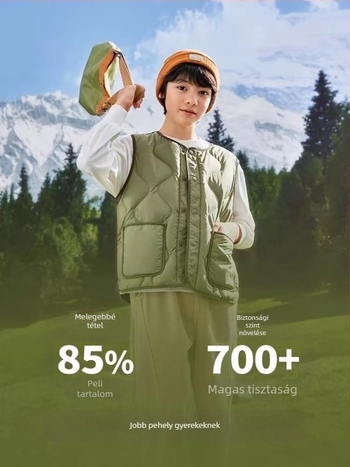 Gyerekeknek szóló pehely mellény, könnyű, ujjatlan, laza szabású, fehér kacsa tollal töltve, 8+ éveseknek (140 cm+), ősz-téli szezon.