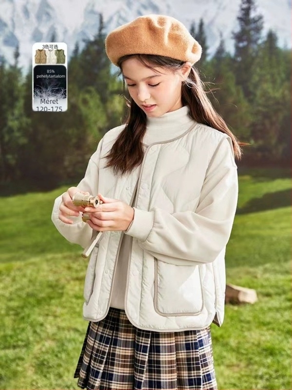 Gyerekeknek szóló pehely mellény, könnyű, ujjatlan, laza szabású, fehér kacsa tollal töltve, 8+ éveseknek (140 cm+), ősz-téli szezon.