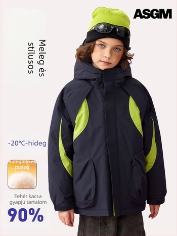 Asgm gyerekeknek való pehelydzseki kapucnival, vastag az extrém hideg ellen, 86–90% fehér kacsa pehely, töltet 107–170 g, középhosszú, laza szabás, 2025-ös tél