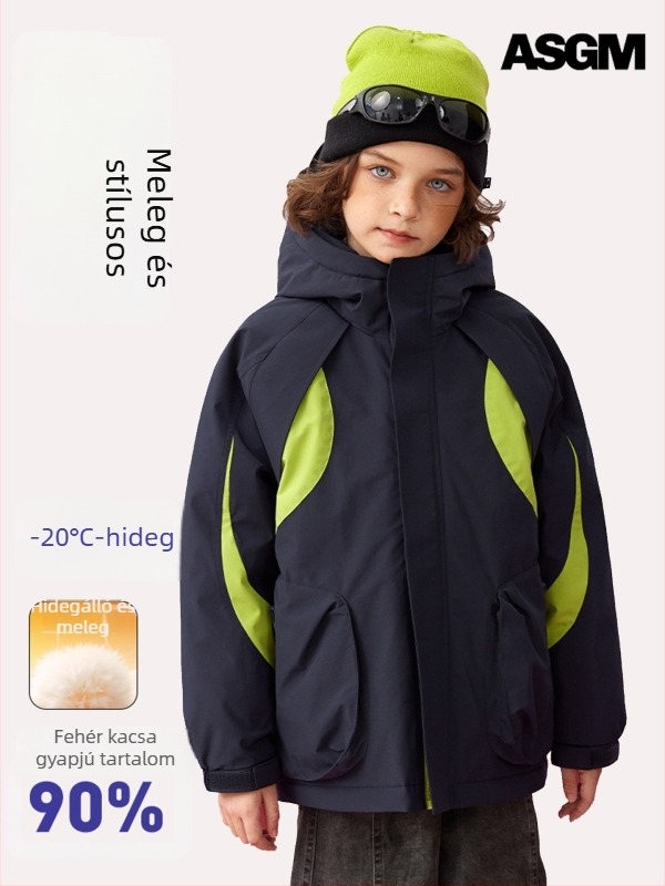 Asgm gyerekeknek való pehelydzseki kapucnival, vastag az extrém hideg ellen, 86–90% fehér kacsa pehely, töltet 107–170 g, középhosszú, laza szabás, 2025-ös tél