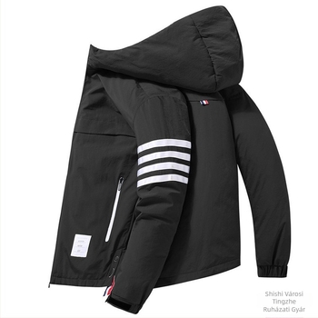 Férfi rövid tollkabát kapucnival, négycsíkos munkaruházati stílusban, testhezálló fazon (Töltet: pehely; Töltőerő: 550; Hővédelmi szint: -5°C-tól 0°C-ig; Kapucni: Igen; Siluett: testhezálló)