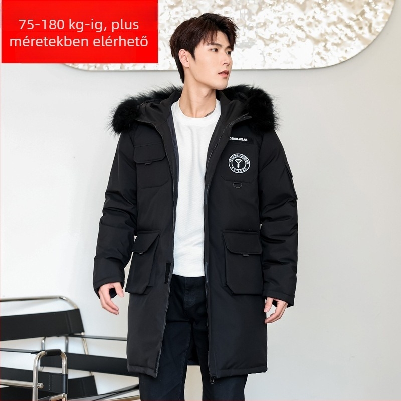 Férfi téli kapucnis tollkabát — töltet: fehér kacadown; kasmírtartalom: 86–90%; pelyhek sűrűsége: 650