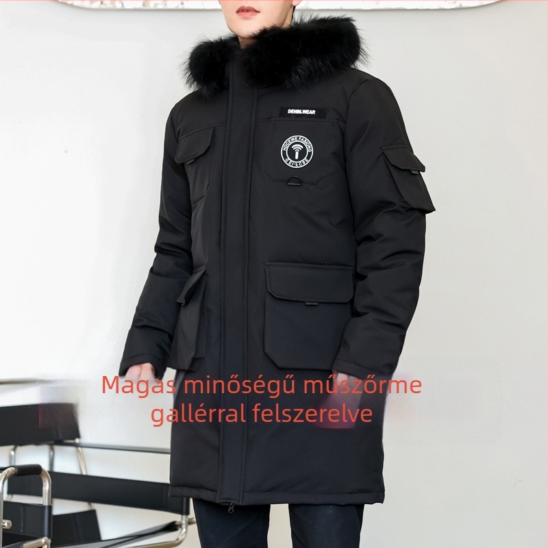 Férfi téli kapucnis tollkabát — töltet: fehér kacadown; kasmírtartalom: 86–90%; pelyhek sűrűsége: 650