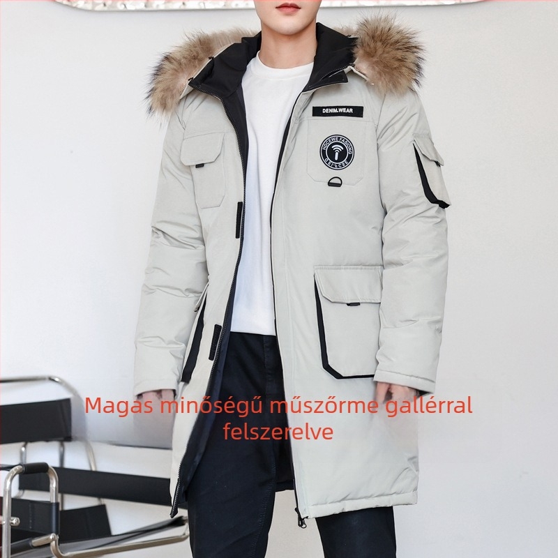 Férfi téli kapucnis tollkabát — töltet: fehér kacadown; kasmírtartalom: 86–90%; pelyhek sűrűsége: 650