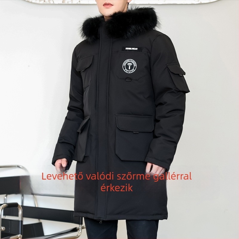 Férfi téli kapucnis tollkabát — töltet: fehér kacadown; kasmírtartalom: 86–90%; pelyhek sűrűsége: 650