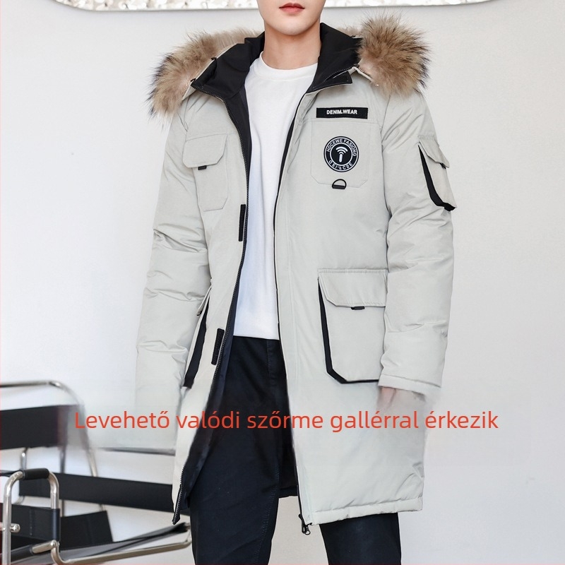 Férfi téli kapucnis tollkabát — töltet: fehér kacadown; kasmírtartalom: 86–90%; pelyhek sűrűsége: 650