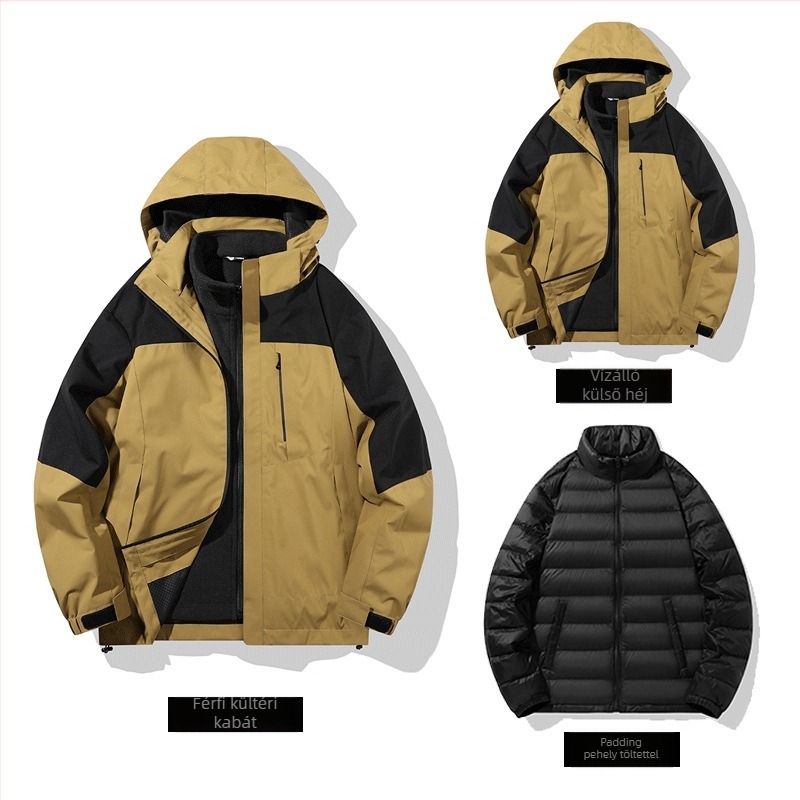 Szürke kacsa tollal töltött kabát, loft 550, légáteresztő poliészter anyag, kapucnival és álló gallérral, -5°C–0°C hideg elleni védelem