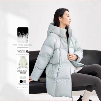 Női középhosszú pehelykabát kapucnival, nylon anyagú, 200–300 g fehér kacsa tollal töltve, tél 2025, egyetemi stílus