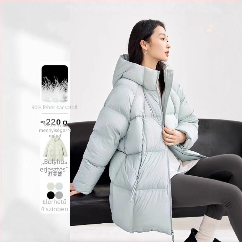 Női középhosszú pehelykabát kapucnival, nylon anyagú, 200–300 g fehér kacsa tollal töltve, tél 2025, egyetemi stílus