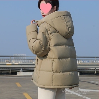 Női vastag töltésű pehelydzseki fehér kacsa tollal, kapucnival, cipzárral, hosszú ujjú