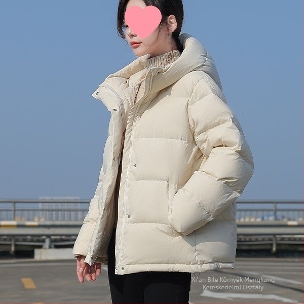 Női vastag töltésű pehelydzseki fehér kacsa tollal, kapucnival, cipzárral, hosszú ujjú