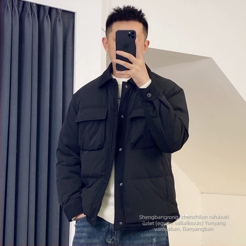 Férfi téli pehelydzseki koreai stílusban, rövid fazon, állógallér, egygombos zárás, kacsa tolltöltés, Vinylon anyag, alkalmas időre