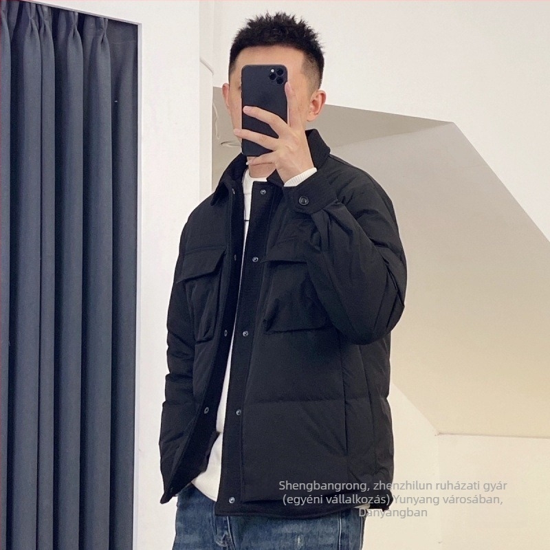 Férfi téli pehelydzseki koreai stílusban, rövid fazon, állógallér, egygombos zárás, kacsa tolltöltés, Vinylon anyag, alkalmas időre