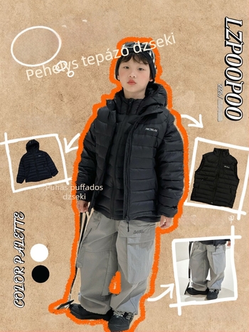 Gyermekeknek készült tollas mellény, ujj nélküli, rövid fazon, laza szabás; töltet: toll; töltet-tartalom: 86–90%; külső anyag: nylon; bélés: nylon; cipzáras zárás; 8 évesnél idősebbeknek (140 cm felett); téli 2025