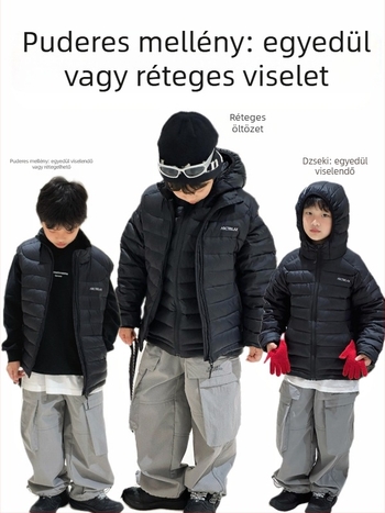 Gyermekeknek készült tollas mellény, ujj nélküli, rövid fazon, laza szabás; töltet: toll; töltet-tartalom: 86–90%; külső anyag: nylon; bélés: nylon; cipzáras zárás; 8 évesnél idősebbeknek (140 cm felett); téli 2025