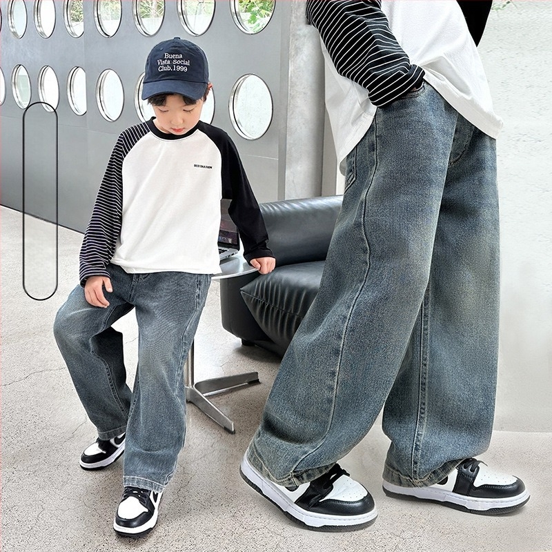 Fiúknak való fleece-béléssel bélelt farmernadrág, pamutból készült denim, magas derék, egyenes szabás, gombos/zipzáras zárás