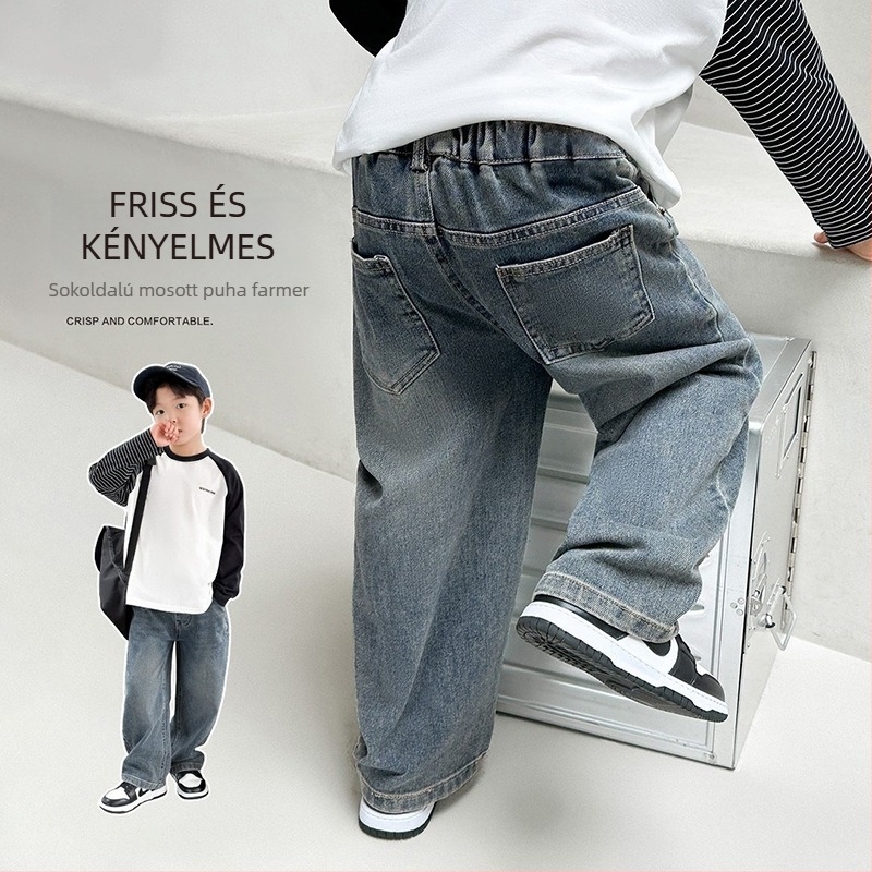 Fiúknak való fleece-béléssel bélelt farmernadrág, pamutból készült denim, magas derék, egyenes szabás, gombos/zipzáras zárás