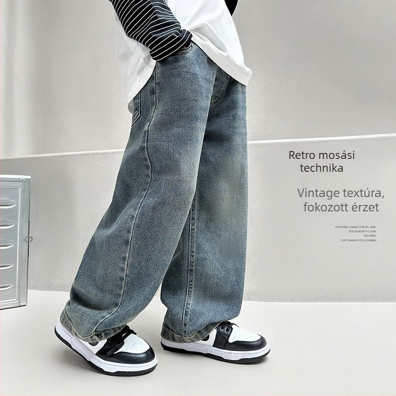 Fiúknak való fleece-béléssel bélelt farmernadrág, pamutból készült denim, magas derék, egyenes szabás, gombos/zipzáras zárás